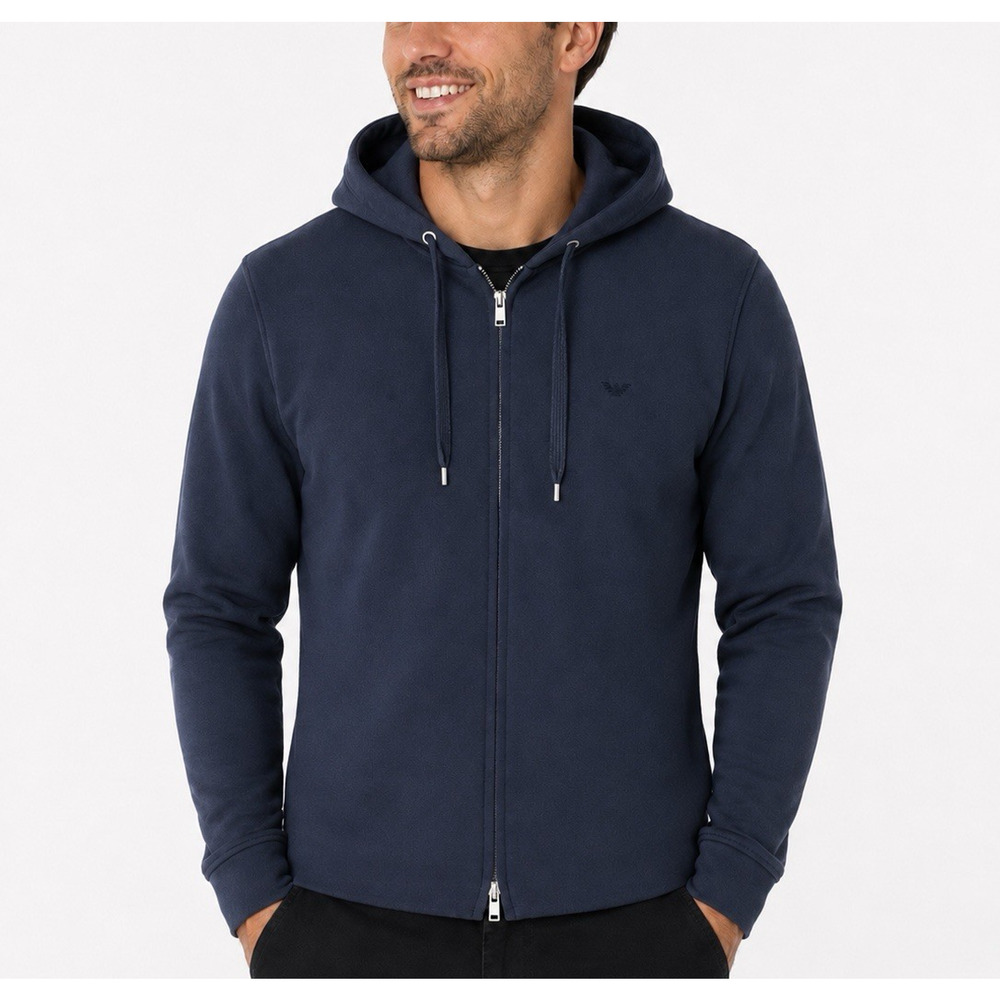 Emporio Armani Jeans Men's Hoodie Sweater Zip Front Logo Navy Blue Cotton Wool M
